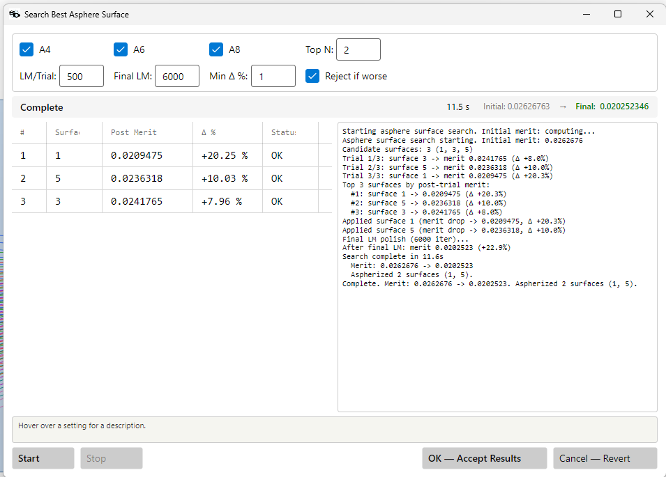 Search Best Asphere Surface dialog