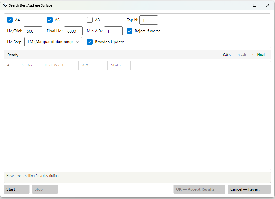 The Search Best Asphere Surface dialog before a run. LM Step and Broyden Update apply to both the per-surface ranking trials and the final polish.