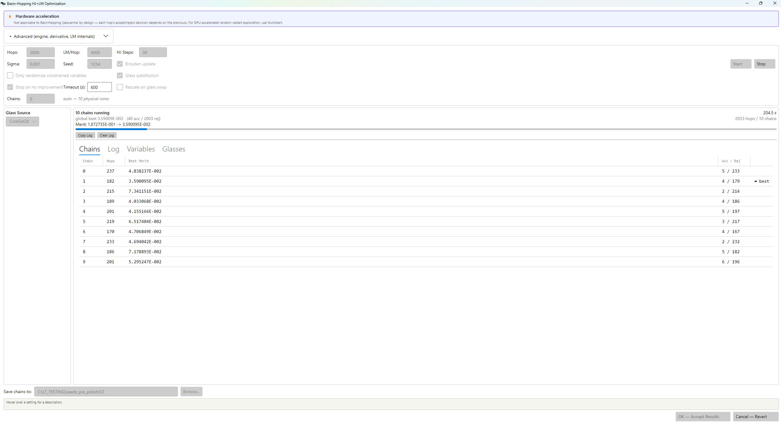 Basin-Hopping dialog mid-run: 10 chains running in parallel. The header shows the global best (3.590E-02) with cumulative accepted/rejected counts and total hops across all chains; the Chains tab lists each chain's hops, running best merit, and accepted/rejected counts, with a ◄ best marker on the chain holding the global best. The "Save chains to:" folder field and Browse… button are at the bottom.