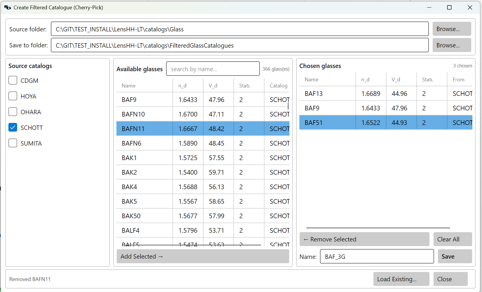 Cherry-pick dialog — three panes: source catalogs (multi-select left), available glasses (middle, with name search), chosen glasses (right, with Save Name + Save button)