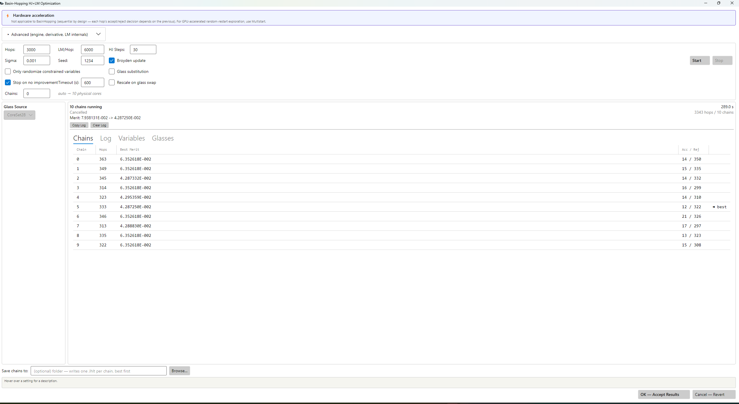 Basin-Hopping dialog, fixed glass — merit 0.0794 → 0.0429