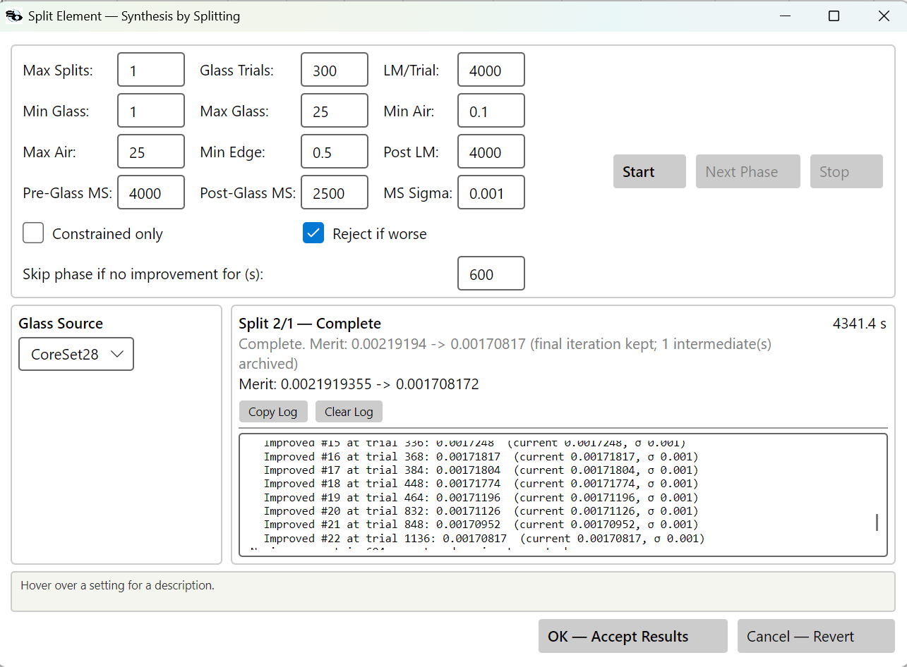Split Element dialog after run completes