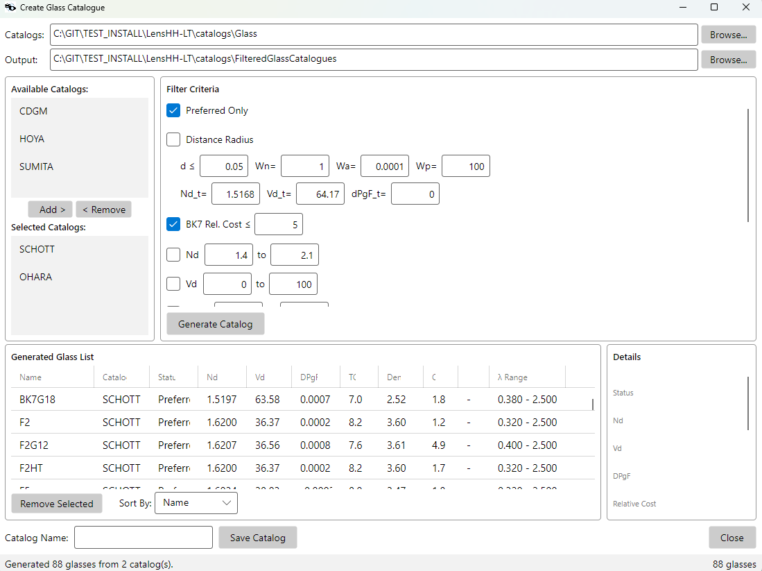 Create Glass Catalogue dialog — left pane lists Available and Selected source catalogs; right pane shows Filter Criteria with Preferred Only, Distance Radius, Cost, Nd/Vd/dPgF/TCE ranges, wavelength validity, and melt-frequency limit; the bottom Generated Glass List previews survivors with a Save Catalog control
