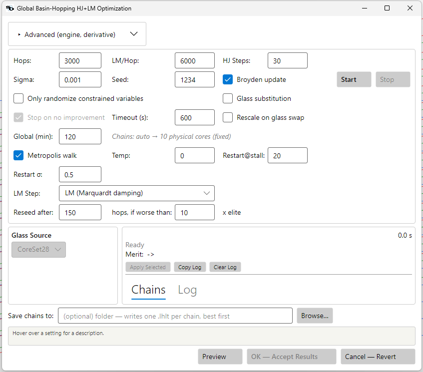 The Global Basin-Hopping HJ+LM dialog. The per-chain knobs match Basin Hopping — including the Metropolis walk / Temp and the Restart@stall / Restart σ long-jump restart — while Global (min) caps the whole run and Stop on no improvement is locked on (only its Timeout is editable), because the restart-from-elite migration between chains depends on episodes being allowed to stall. The Reseed after / if worse than row is the within-episode rescue, and it means the same thing here as in Basin Hopping.