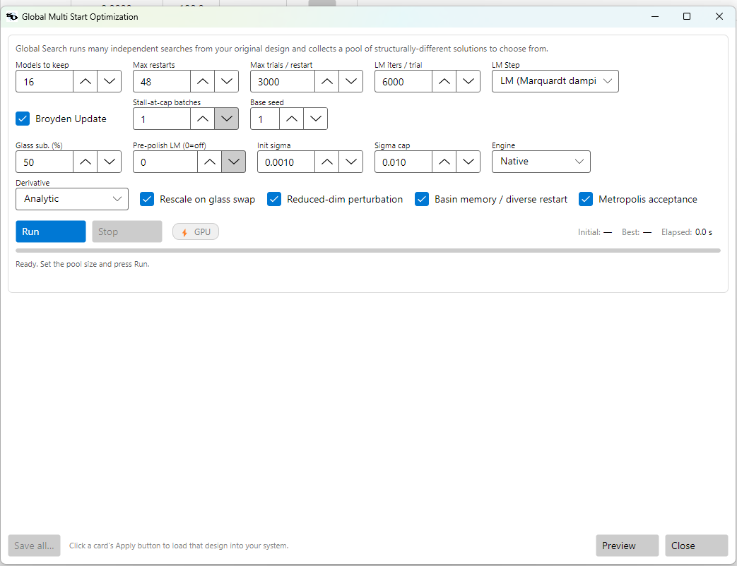 The Global Multi Start Optimization dialog. Alongside the pool controls (Models to keep, Max restarts, Max trials / restart, Stall-at-cap batches, Base seed) and the shared Multistart budgets, the bottom strip carries the same three convergence levers as Multistart — Reduced-dim perturbation, Basin memory / diverse restart, and Metropolis acceptance — because every restart is itself a Multistart run.