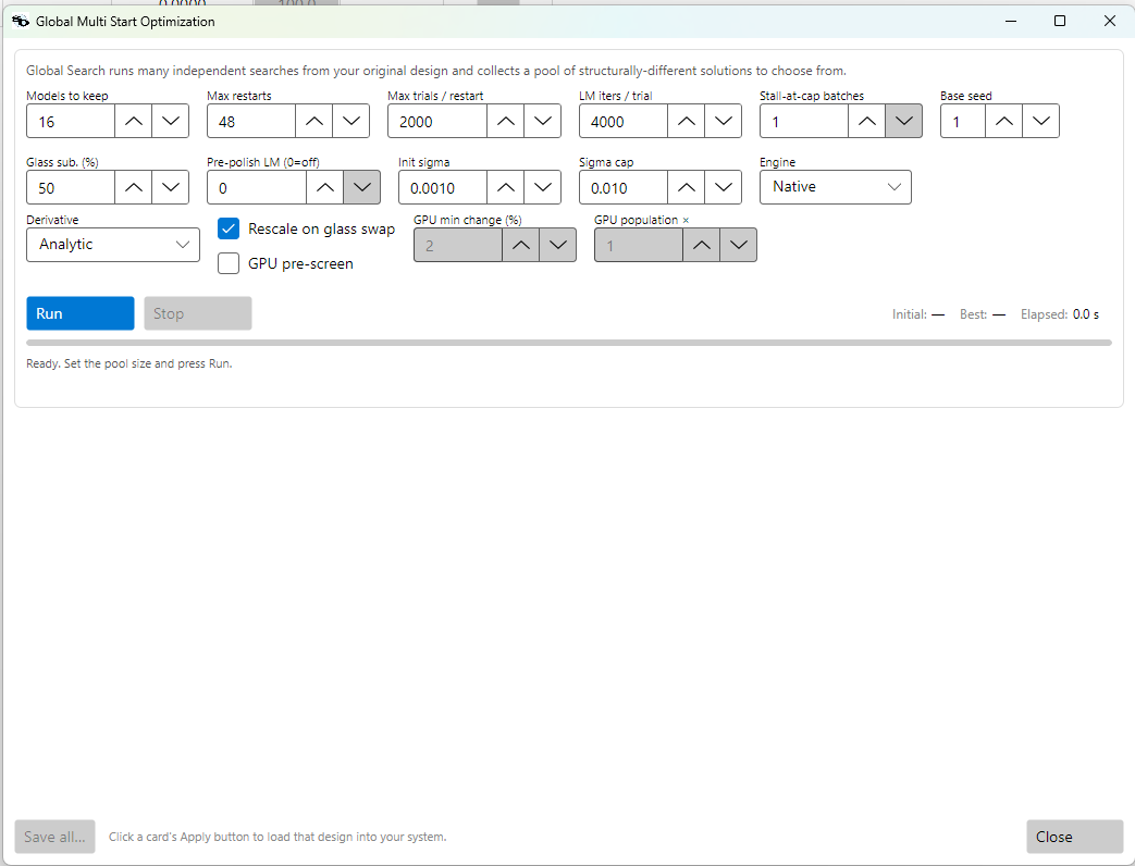 Global Multi Start Optimization dialog with the 1.0.128 GPU pre-screen controls — the GPU pre-screen checkbox plus GPU min change (%) and GPU population ×, which enable when the checkbox is ticked. Every restart inherits these, so the whole gallery search uses the GPU sieve.
