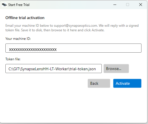 Offline trial activation dialog showing the machine ID and token file fields