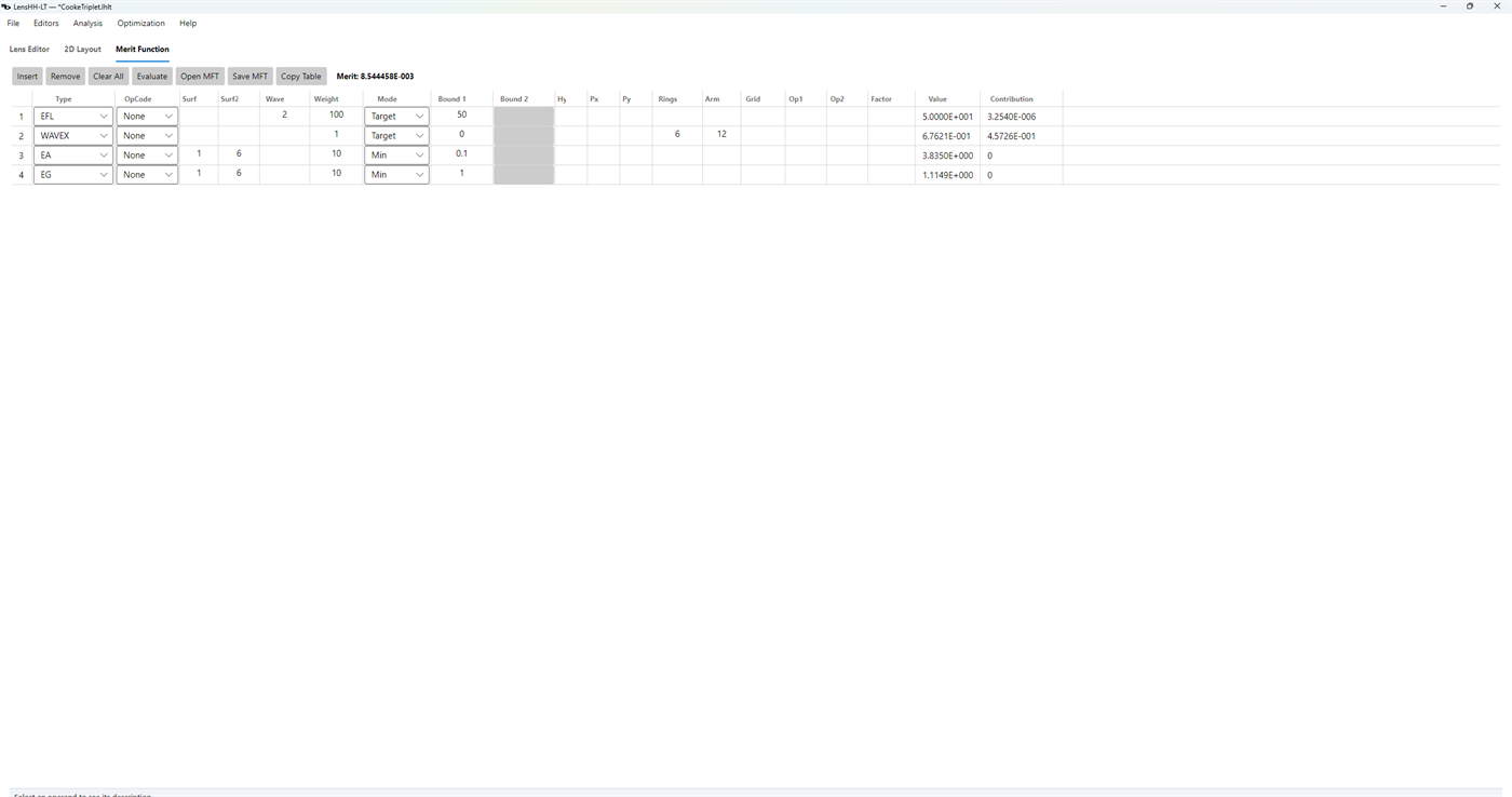 Merit Function editor with the four-row starter merit