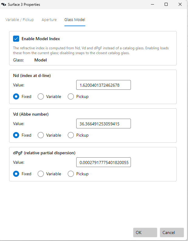 Glass Model tab, Model Index enabled — fields loaded from F2, glass now Model