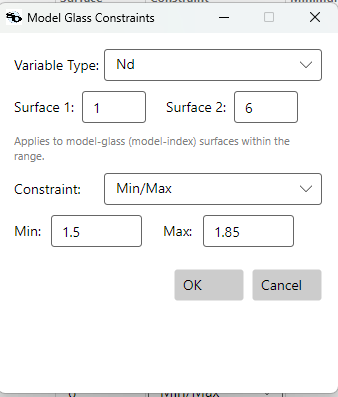 Model Glass Constraint dialog set for glass: Variable Type Nd across a surface range, with Min/Max bounds