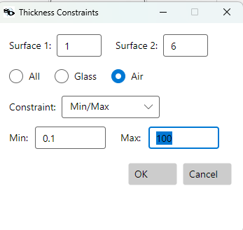Same dialog set for air gaps: Min/Max 0.1 and 100 mm