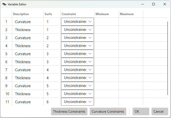 Variable Editor right after marking variables — every row Unconstrained