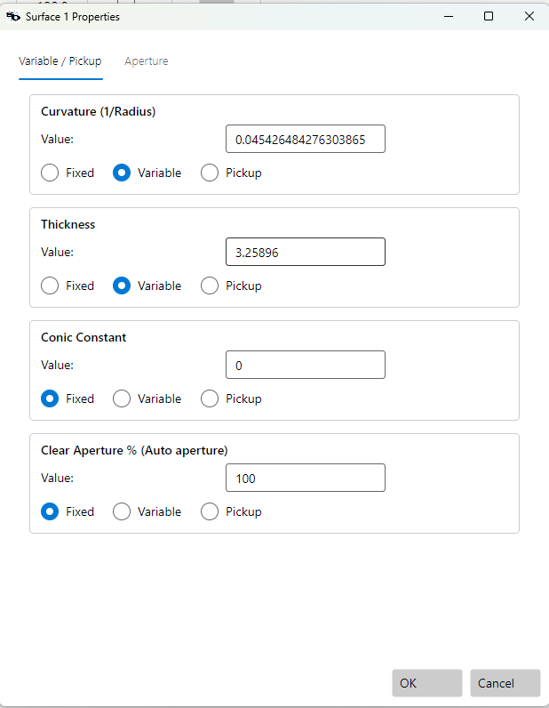Surface Properties dialog — Variable/Pickup tab with Fixed/Variable/Pickup radios for curvature, thickness, and conic