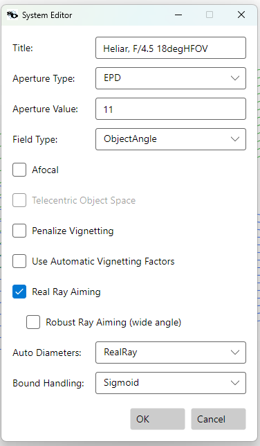 The System Editor dialog. Bound Handling sits below the ray-aiming checkboxes and applies to every optimizer.