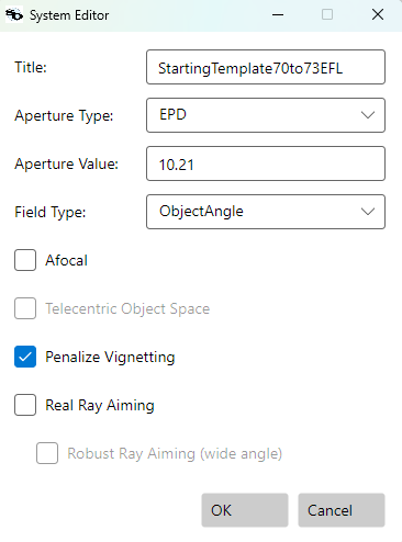 System Editor dialog showing the Penalize Vignetting checkbox